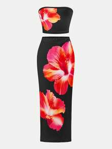 SHEIN Conjunto informal de top de tirantes con estampado floral y minifalda con estampado floral para niña en vacaciones - Negro - Ver 2