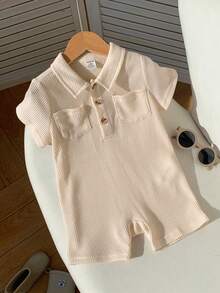 SHEIN White Summer Casual Family Matching Newborn Baby Boy Cute Knitted Texture Short Sleeve Romper,Suitable For Birthday Party,Wedding,Christening Event - Khaki - View 5