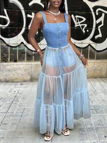 Slaydiva Women's Fashion Semi-Sheer Mesh Skirt With Denim Vest Patchwork Backless Top - Blue - View 5