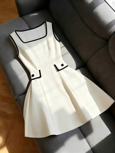 Franclia Elegante vestido corto de estilo francés con parches de color albaricoque y negro, cuello cuadrado tejido. Adecuado para el uso diario, el trabajo, la escuela, el lugar de trabajo. Elegante y refrescante, reduce la edad, femenino, suave y favorecedor. Apropiado para citas y ocasiones formales. Color clásico y versátil. Nuevo vestido de verano para mujer.