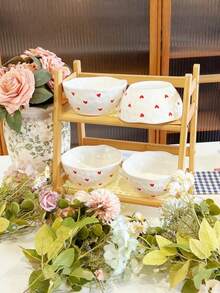 1pc/2pcs/4pcs Korean Ins-Style Handpainted Small Heart Love Ceramic Bowl, Cute Pattern Bowl, Daily Dessert Bowl, Ice Cream Bowl, Fruit Salad Bowl, Household Rice Bowl - Multicolor - View 7