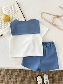 LMoss Kids Bộ 3 món cho bé trai gồm áo thun cổ tròn màu trơn, khăn choàng và quần short dệt kim. - Nhiều màu - Xem 2