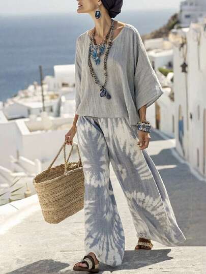 EMERY ROSE Women's Solid Color Round Neck Top And Wide Leg Pants Casual 2 Pieces Set  Spring Clothes Women Summer Outfits For Women Summer Vacation Outfits Casual Two Piece Set Two Piece Set Women Summer Summer Pants Sets Comfortable Two Piece Set Linen Two Piece Set