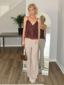 Sydney Algeri Autumn/Winter Solid Color Sexy Deep V-Neck Deep Brown Sequin Strap Women's Top, Sequin Women's Camisole, Autumn/Winter Undershirt, Party Cocktail Occasion - Brown - View 3