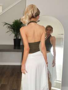 Sydney Algeri Elegant High Street Halter Neck Circular Decor Sleeveless Top, Light Blue, Spring/Summer - Army Green - View 2
