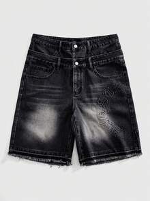 ROMWE MEN Quần short denim nam có túi, cài nút, in chữ nổi, gấu quần tua rua, kiểu dáng thường ngày, đa năng. - màu đen - Xem 1