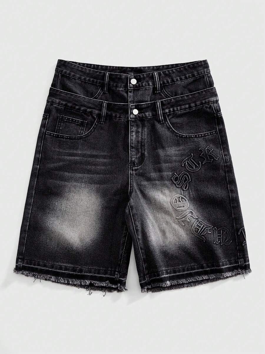 ROMWE MEN Quần short denim nam có túi, cài nút, in chữ nổi, gấu quần tua rua, kiểu dáng thường ngày, đa năng. - màu đen - Xem 1