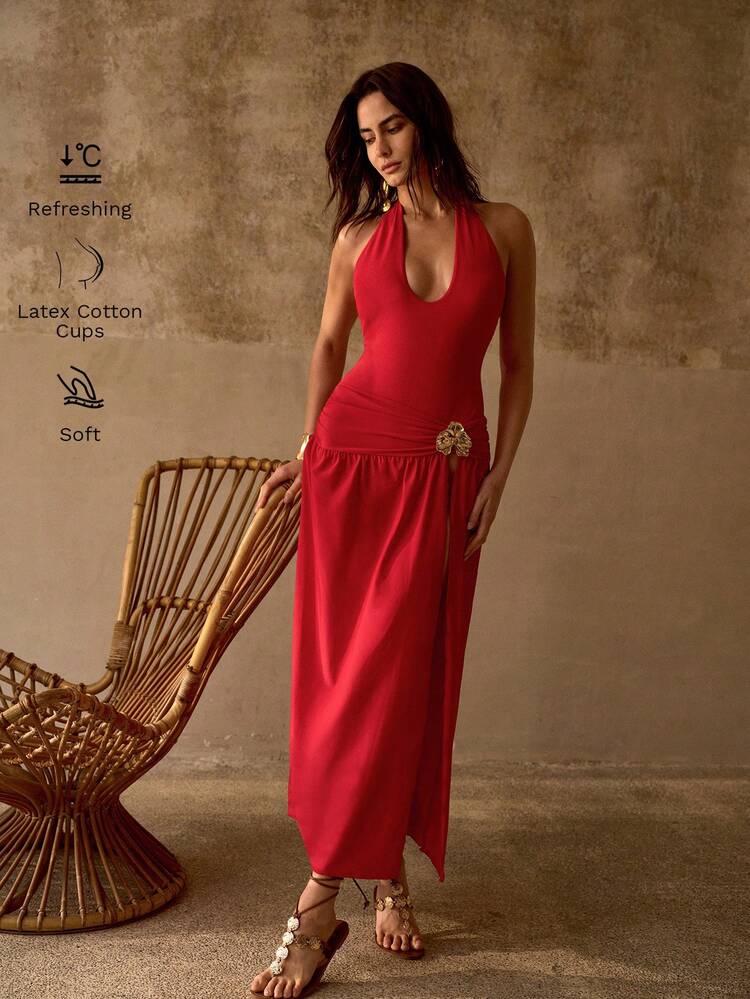 WOMEN ELEGANT HALTER NECK RED RUCHED ROMANTIC METAL FAUX FLORAL DECOR FRONT SPLIT ONE-PIECE SWIMSUIT & SKIRT BEACH VACATION ROMANTIC SET