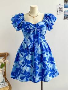 Soleia Plus Size Women's Vacation Blue Floral Print Cap Sleeve Tie Front Mini Dress - Blue - View 7