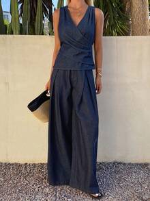 DAZY Women's Casual Washed Pleated Tie Strap Vest And Wide Leg Jeans Pants Suit, Spring/Summer - Blue - View 1