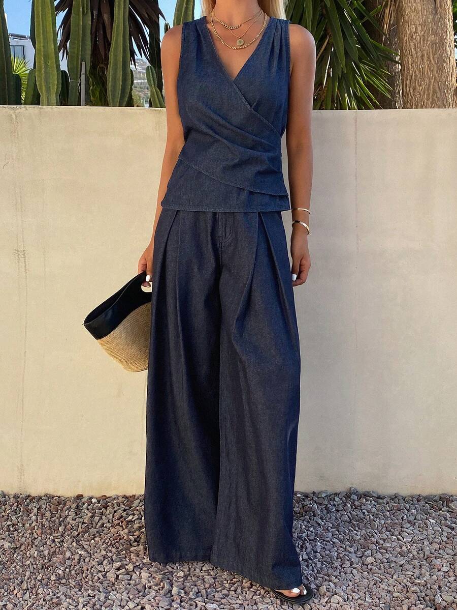 DAZY Women's Casual Washed Pleated Tie Strap Vest And Wide Leg Jeans Pants Suit, Spring/Summer - Blue - View 1