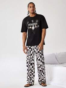MONOPOLY X SHEIN 男士卡通印花短袖上衣和裤子睡衣套装，MONOPOLY - 黑色 - 查看 3