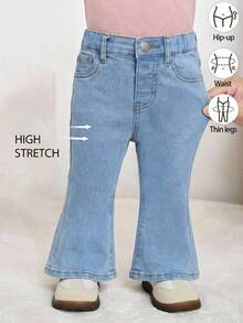 SHEIN 女婴黑色牛仔弹力修身喇叭裤 - 淺色水洗藍 - 查看 4