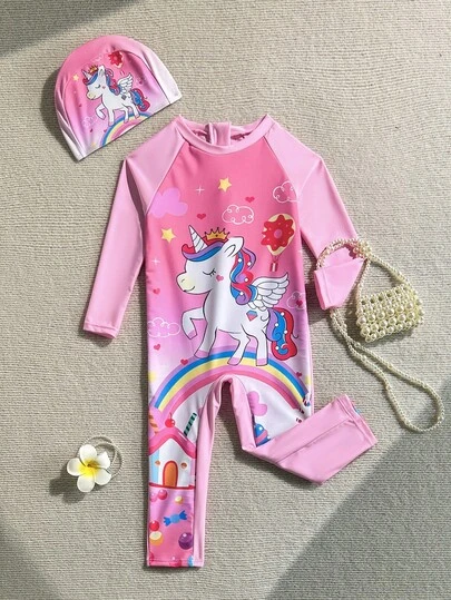 Baby Girl Unicorn Print Long Sleeve Rash Guard & Leggings Swimsuit