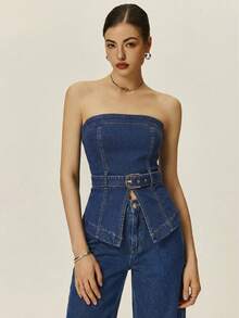 Poéselle Women's Fashionable Versatile Denim Tube Top With Eyelet Design, Suitable For Dates And Outings - Medium Wash - View 4