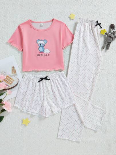 3件套少女棕色可爱小熊印花长裤、短裤和短袖上衣睡衣套装