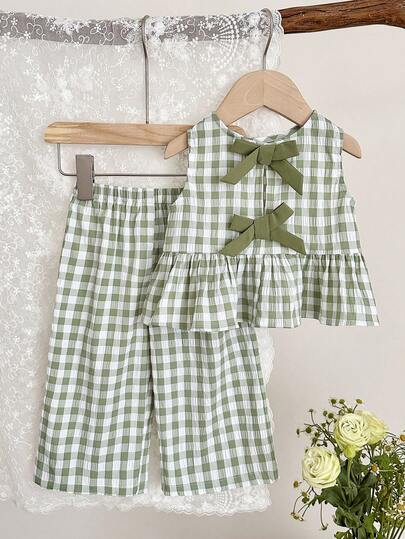 LMoss Kids 2pcs Baby Girl Woven Plaid Casual Vest And Leggings Set Toddler Checkered Set Gingham Set Baby Girls Clothes Green Green Dress Set For Baby Plaid 2 Piece Baby Girls,Kids