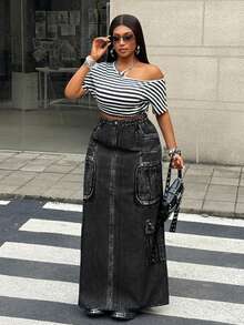 Maweii Casual Minimalist Printed Comfortable Slit Skirt - Black - View 4