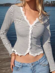 Sydney Algeri 女士条纹蕾丝荷叶边修身开衫，长袖 - 黑與白 - 查看 3