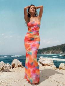 Opulessa Vestido ajustado con estampado de malla tejida y bajo de cola de pez para mujeres - Rosa - Ver 6