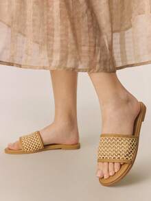 Styleloop Women's Raffia Woven Hollow Round Toe Flat Sandals, Suitable For Casual, Vacation, Beach, Classic Commute, Boho, Retro American, Western Music Festival And Party Outfits Holiday Travel Essential Boho Cowgirl Outfit Coachella - Brown - View 5