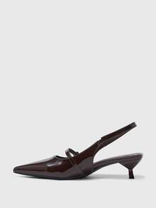 CUCCOO BIZCHIC Giày sandal cao gót mũi nhọn bằng da bóng màu nâu cà phê dành cho nữ, có quai hậu, khóa cài, thích hợp đi làm hàng ngày. - Cà phê nâu - Xem 10