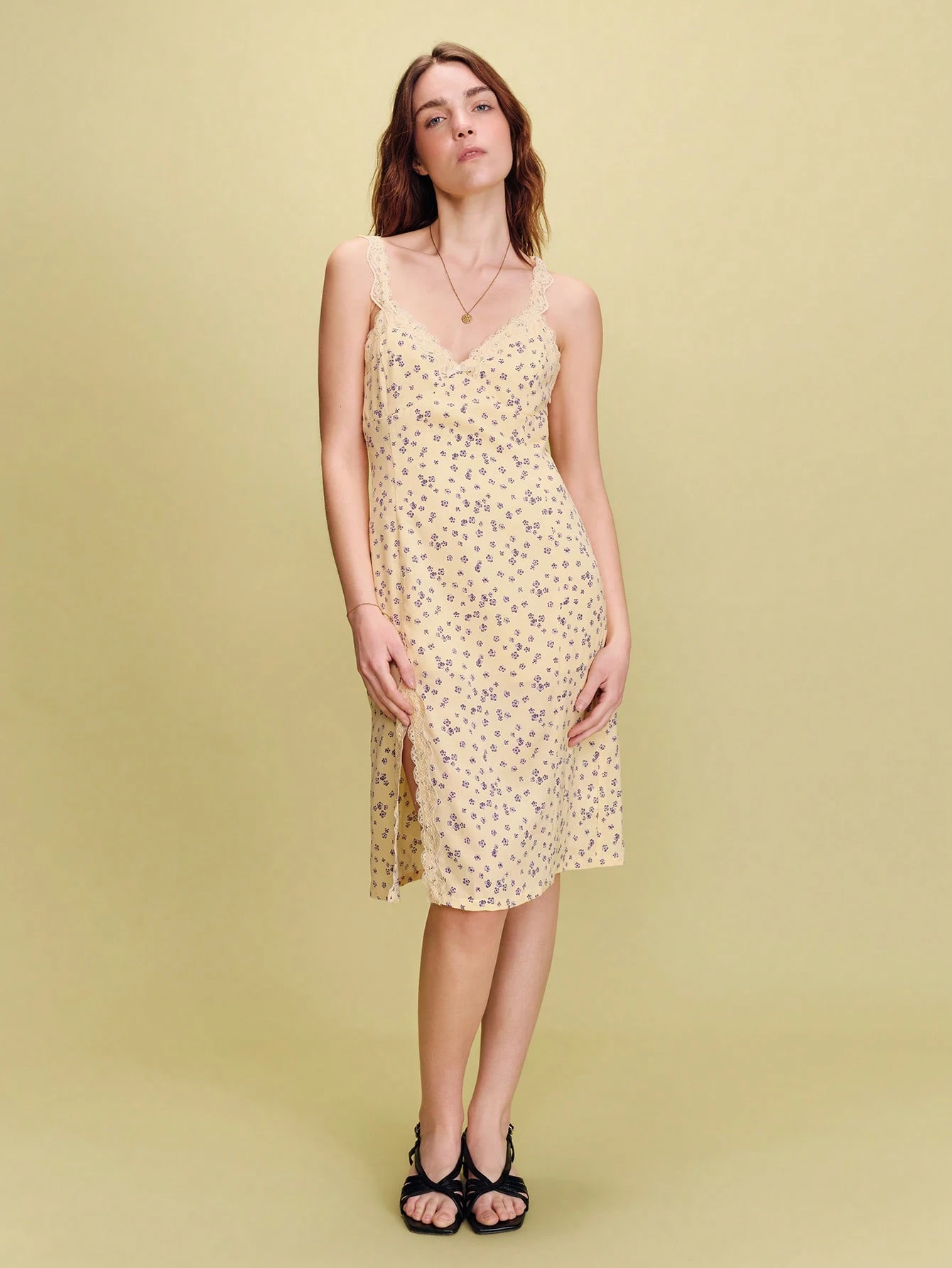 Yellow Midi Slip Dress With Flower Print And Lace Trims Details Summer Dress Spring Summer French Style Parisian Style Vacation Dress Resort Dress Holiday Dress