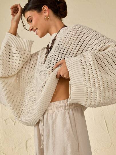 Bóhologie Ivory Sunray Sheer Pointelle Knit Pullover Sweater – Lightweight Open-Stitch Crochet-Inspired Knitwear, Breathable Summer Texture, Soft Touch Yarn, Relaxed Slouchy Fit, Drop-Shoulder Silhouette, Elevated Minimal Chic, Coastal Resortcore Aesthetic, Effortless Layering Essential, Day-To-Night Versatility, Transitional Season Staple, Modern Femininity, Quiet Luxury Vibes, Everyday Wearable Statement, Timeless Contemporary Classic