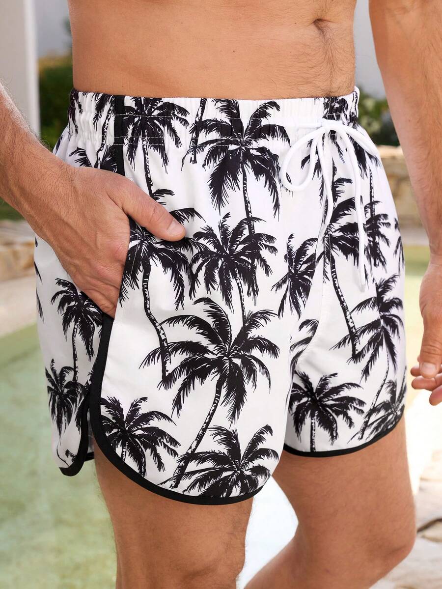 VIVINTIMO Pantalones cortos de playa con cordón en la cintura y estampado de árboles de coco para hombres en verano - Blanco y Negro - Ver 1