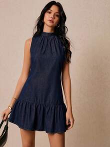 Poéselle New Women's Denim Dress, Casual Washed Denim Sleeveless Ruffle Dress, High-Neck Dress, Mini Dress, Dark Blue Dress. Summer Dresses Summer Outfits  Summer Holiday Outfits Elegant Dresses For Party  Bridesmaid Dress Graduation Dress For Women Ceremony Dress  Elegant Dresses  Summer Vacation Outfits  Formal Dress For Women - Dark Wash - View 5