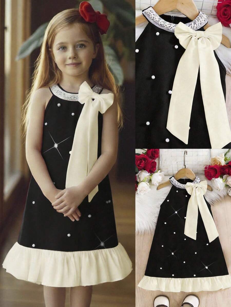 SHEIN 女童黑色夏季7歲生日禮服,蝴蝶結與珍珠裝飾,冬季短版正式節日派對跨年迷你洋裝,領口設計洋裝 - 黑色 - 查看 1