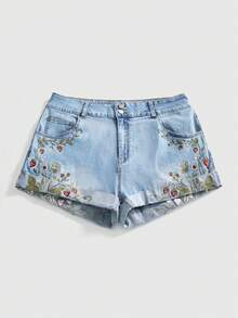 ROMWE Fairycore Quần short denim thêu hoa văn mùa hè dáng rộng, cỡ lớn. - Rửa nhẹ - Xem 1