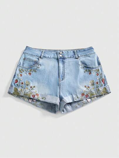 ROMWE Fairycore 大码夏季休闲植物刺绣牛仔短裤