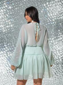 Viva Relle Plus Size Women's Deep V-Neck Semi-Sheer Lantern Sleeve Tie-Waist Dress, Spring/Summer - Mint Green - View 6