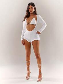 Radiana Women's Sexy Elegant Cute White Bodysuit, Fitted Long Sleeve Ruffle Trim Bodysuit + Bikini Top 2-Piece Set, Jacquard Knit Bodysuit, Vacation Bodysuit, Beachwear, Bikini Cover-Up, Suitable For Island Vacation, Beach, Holiday Outfits - White - View 5