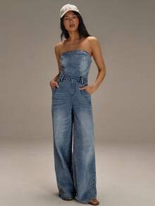 Athîral Women's Casual Washed Denim Jumpsuit For Summer - Blue - View 3