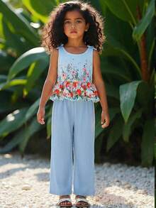 Conjunto de camiseta de tirantes con volantes y estampado floral y pantalones casuales texturizados para niña - Azul - Ver 7