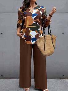 SHEIN LUNE 2pcs Plus Size Women Casual Random Print Button Decorated Long Pants Set, Autumn/Winter - Multicolor - View 3