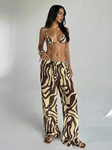 Aloruh 女士春夏新款斑马纹低腰阔腿罩衫裤，沙滩度假 - 黃色 - 查看 6