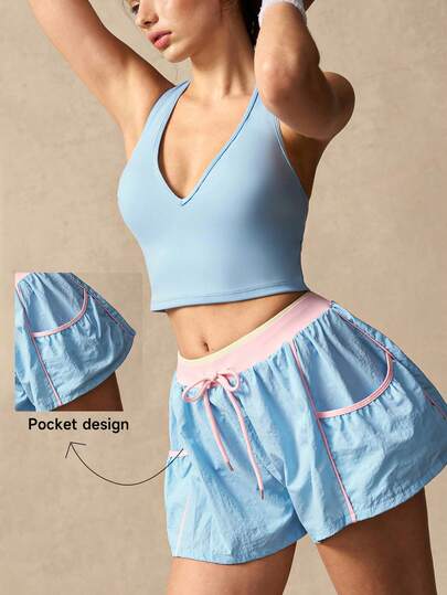 VARSIVA Women's Casual Drawstring Belt Color-Blocked Athletic Shorts, Blue, Pink And Yellow Color-Blocked Tennis Shorts, Versatile And Stylish. Suitable For Fitness Activities, Tennis, Pilates, Yoga, Running, And Everyday Wear, Perfect For Spring, Summer, And Autumn.