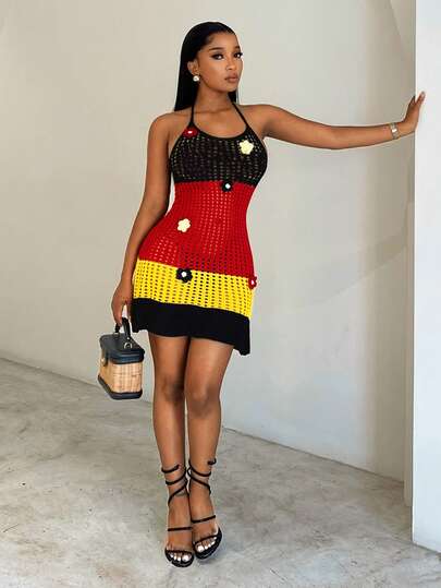  BamGleam Handmade Crochet Hollow Halter Dress For Women - Summer Collection, Three-Tone Color Block With 3D Floral Appliques, Sexy Backless Knit Mini Skirt