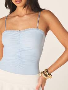 MISSGUIDED Slinky Ruched Lace Trim Cami Bodysuit With Adjustable Straps And Fitted Silhouette For Date Night - Blue - View 5