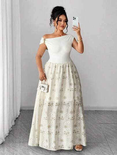 Elenzga 大码女式法式休闲优雅短袖拼接镂空刺绣装饰连衣裙