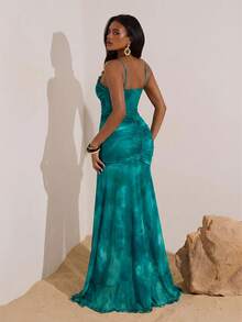 Vacation Knit Mesh Printed Maxi Slip Dress For Women,  Summer Spring Outfits, Beach Vacation Outfits, Elegant Going Out Outfits - Blue - View 2