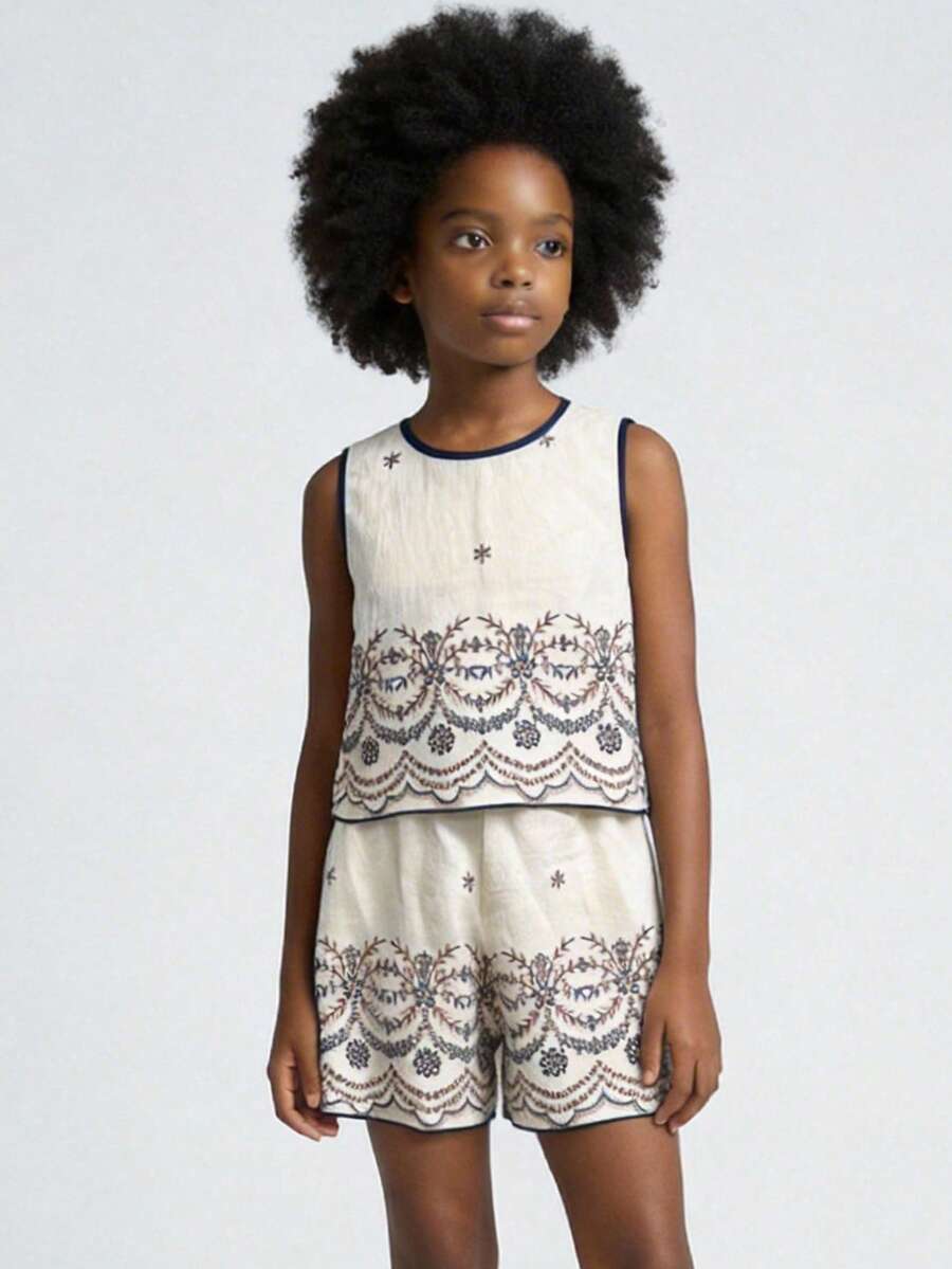 Maija Kids Maija Kids 两件套少女休闲度假时尚套装:宽松舒适彩色印花短袖衬衫搭配A字及膝裙,适合休闲外出、旅行、聚会、节日、夏季和春季穿着。 - 彩色 - 查看 1