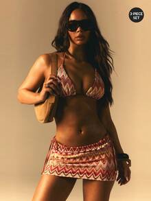 Athîral Women's Summer Beach Wavy Stripe Halter Tie Sexy Bikini Set With Coverup And Skirt - Multicolor - View 1