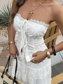 Lucivie 女士优雅性感白色刺绣薄纱纽扣细节抹胸上衣，夏季上衣，适合日常穿着/情人节晚餐/浪漫约会/休闲度假 - 白色 - 查看 4