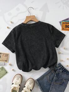 MONOPOLY X SHEIN 少女圆领卡通字母印花休闲百搭日常短袖T恤 - 灰色 - 查看 2