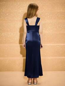 青少年女孩优雅简约精致高腰长裙，方领，收腰设计，缎面面料，适合毕业舞会、圣诞派对、正式场合，海军蓝 - 藏蓝色 - 查看 2