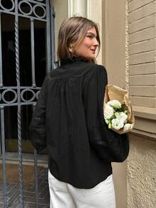 女士纯色前开襟休闲长袖衬衫 - 黑色 - 查看 2
